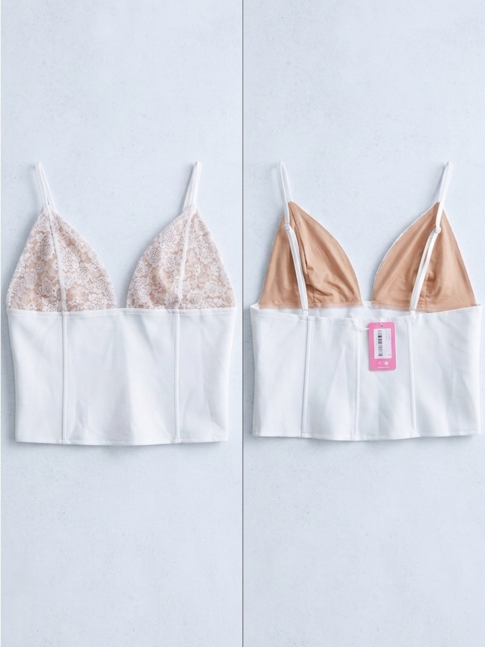 Edikted White Lace-Trim Bralette Crop Top with Nude Lining